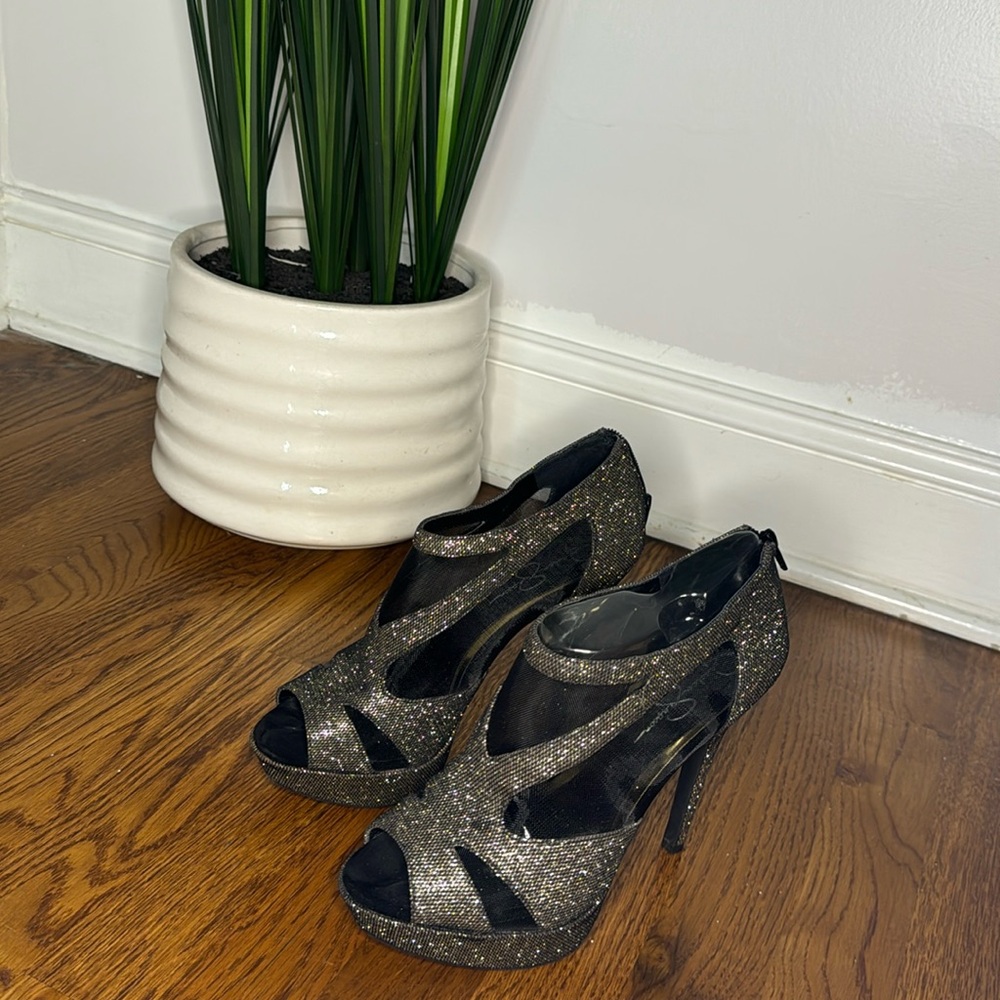 Jessica Simpson Heels, Black Glitter, Size: US 8 1/2